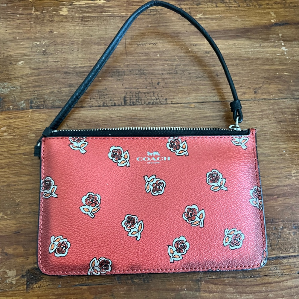 Coach Corner Zip Wristlet In Signature Canvas With Rose Print